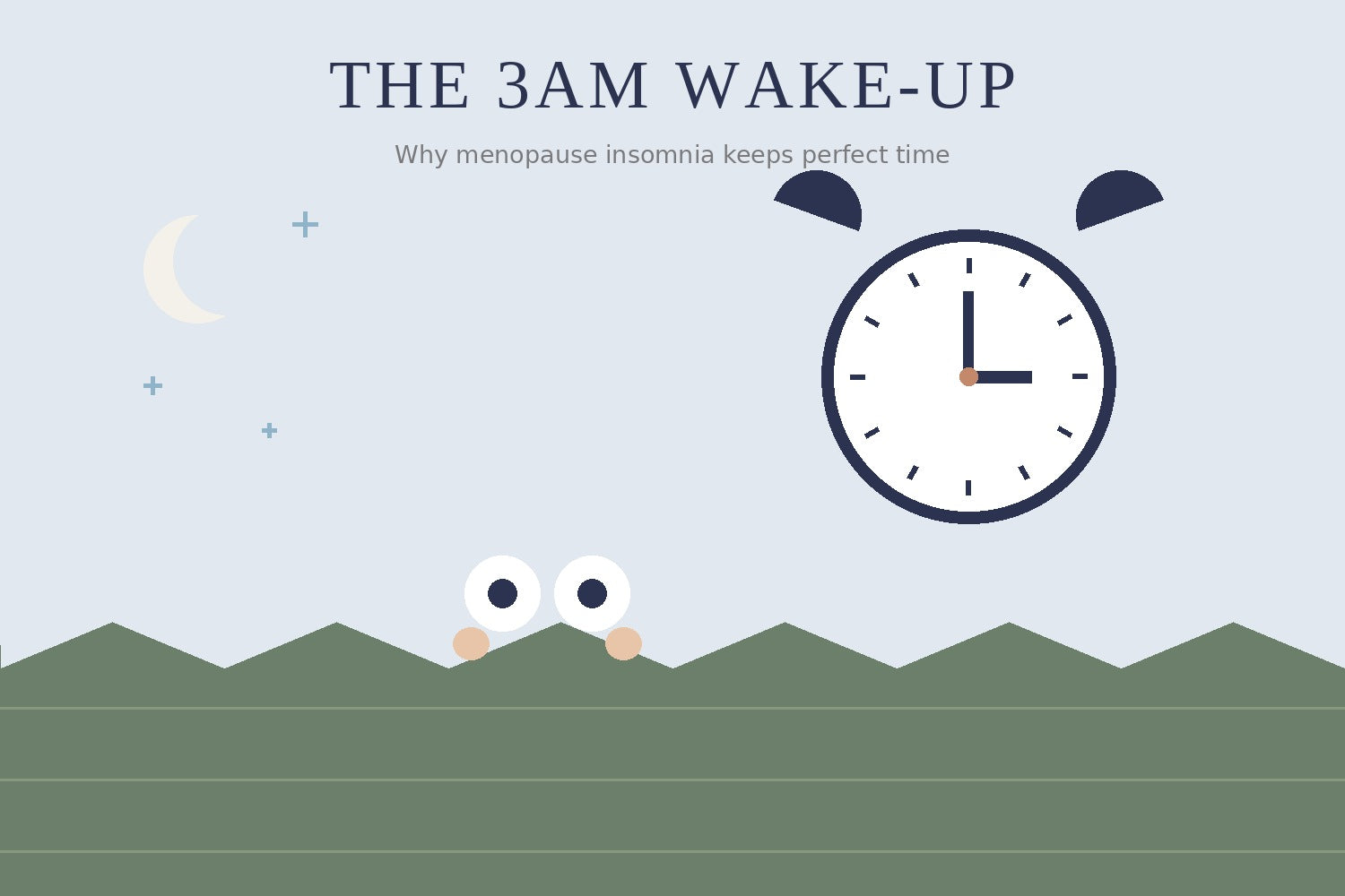 Illustration of eyes peeking over a doona beside a clock showing 3am