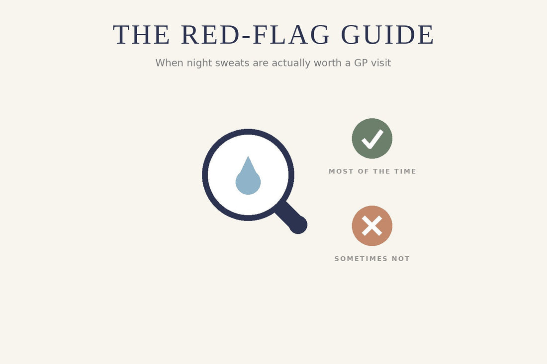 A magnifying glass over a sweat droplet beside a tick and a cross, illustrating the GP red-flag guide for night sweats