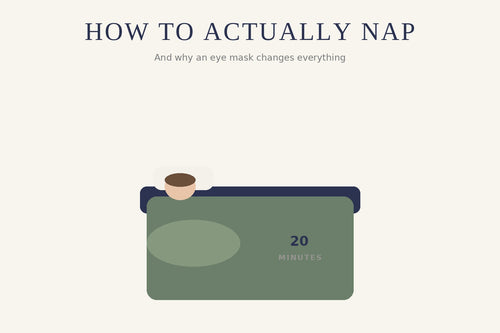 Illustration of a person napping with an eye mask, 20 minute timer — how to nap properly