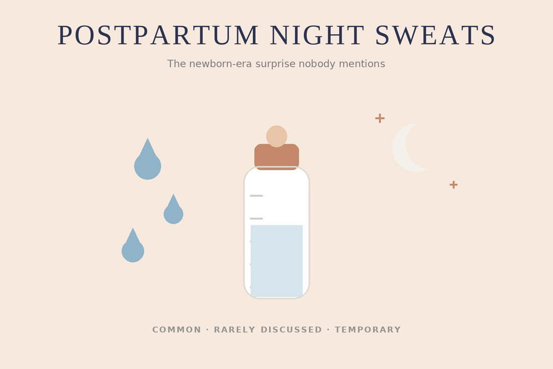 Illustration of a baby bottle, moon and sweat droplets — postpartum night sweats