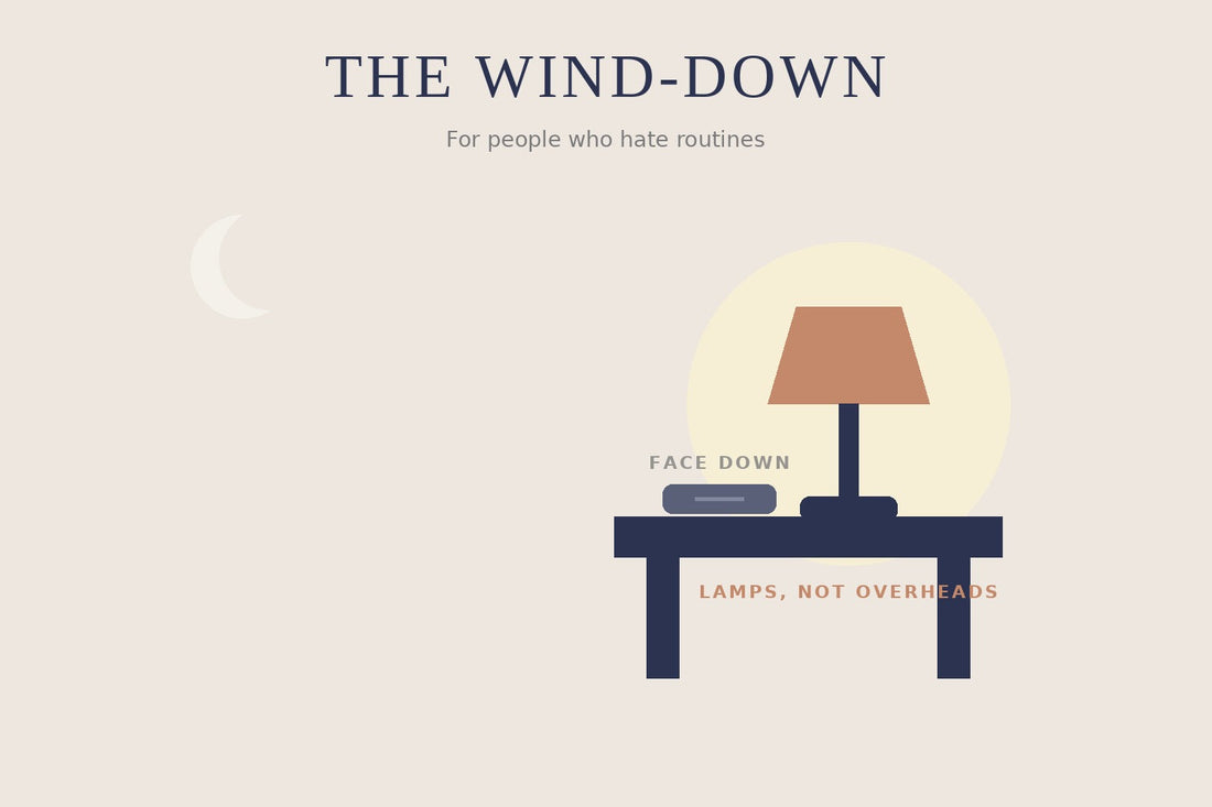 Illustration of a bedside lamp glowing with a phone face down — a simple wind-down routine