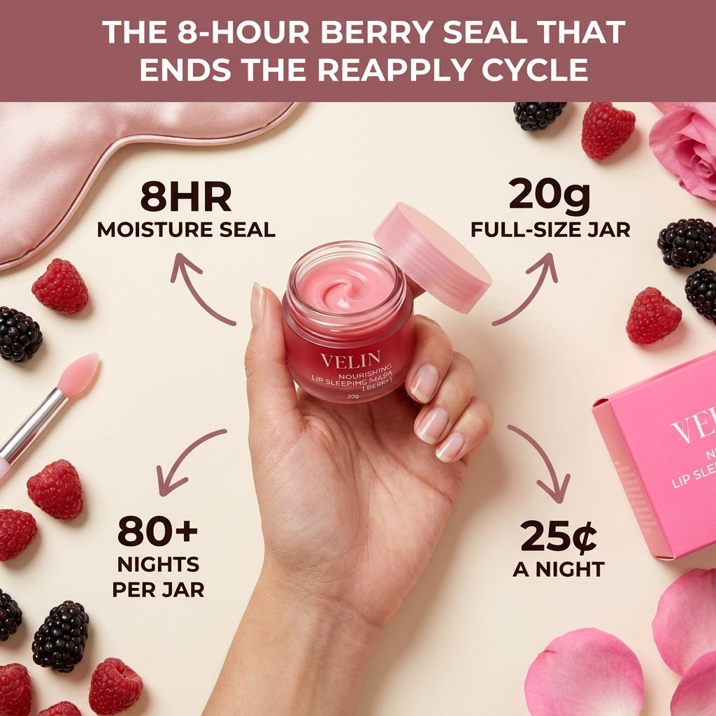 VELIN Overnight Lip Mask graphic: an 8-hour moisture seal, with no reapplying through the night