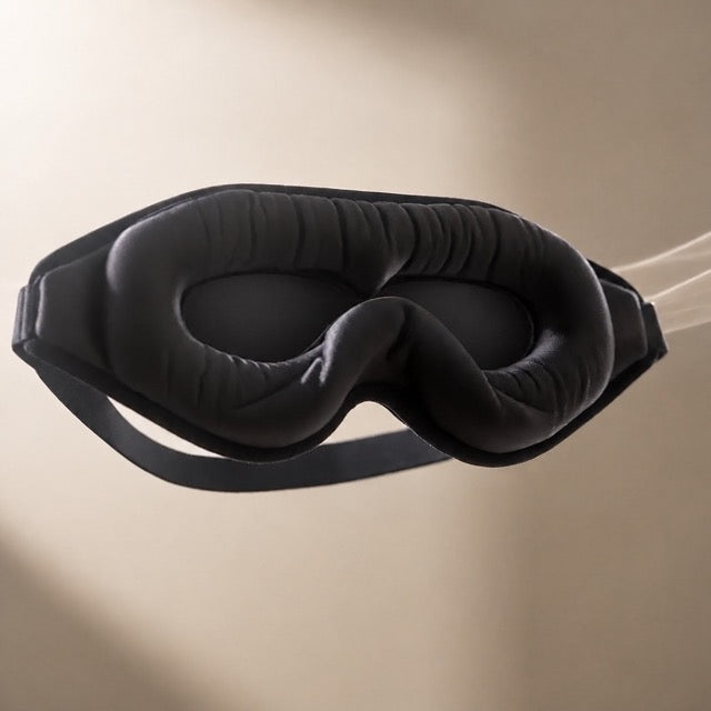 VELIN Halo Zero Pressure sleep mask shown at an angle, showing the depth of the moulded eye cups