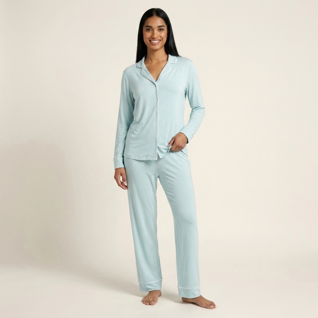 A woman modeling a light blue long-sleeve pajama set with a button-front top and matching pants, standing against a plain beige studio background. Available in Ice Mint XS, Ice Mint S, Ice Mint M, Ice Mint L