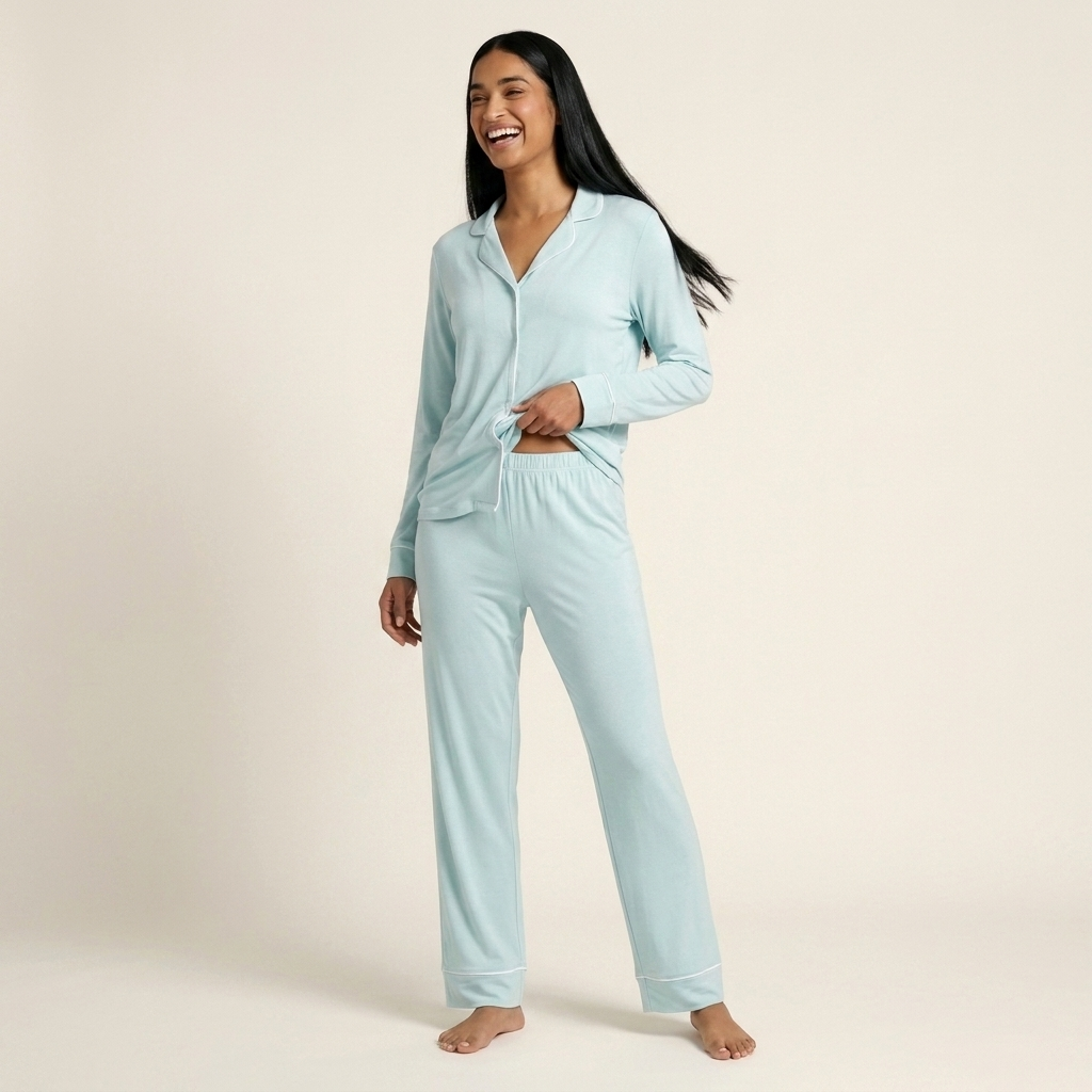 A woman modeling a light blue two-piece pajama set consisting of a long-sleeve button-front top and matching pants, photographed against a plain warm off-white studio background. Available in Ice Mint XS, Ice Mint S, Ice Mint M, Ice Mint L