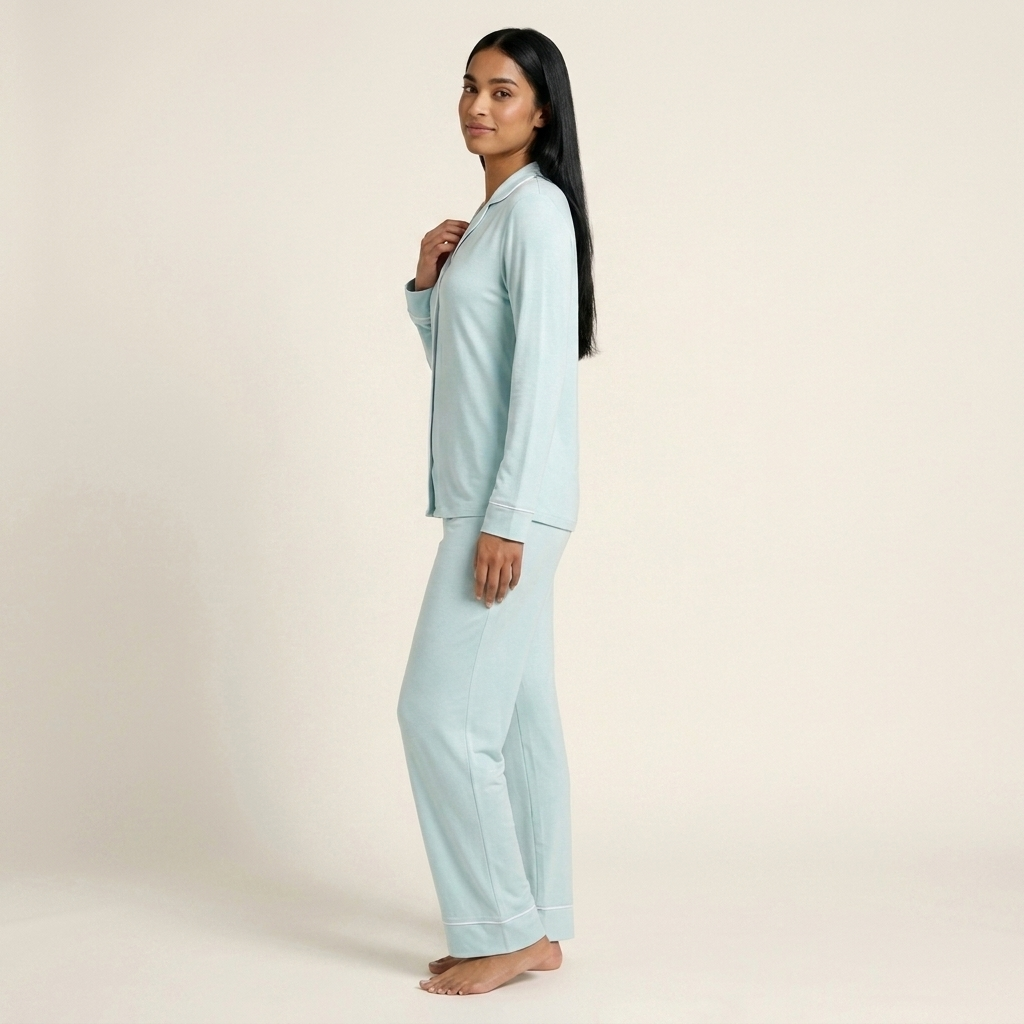 A woman modeling a light blue pajama set consisting of a long-sleeve zip-up top and matching wide-leg pants, standing against a plain beige studio background. Available in Ice Mint XS, Ice Mint S, Ice Mint M, Ice Mint L