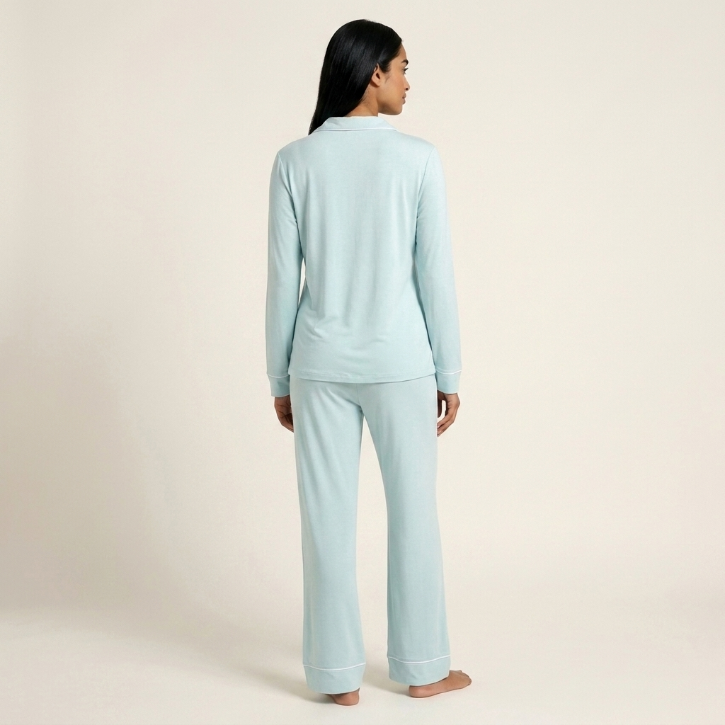 A woman wearing a light blue long-sleeve pajama set, viewed from the back, standing against a plain beige studio background. Available in Ice Mint XS, Ice Mint S, Ice Mint M, Ice Mint L