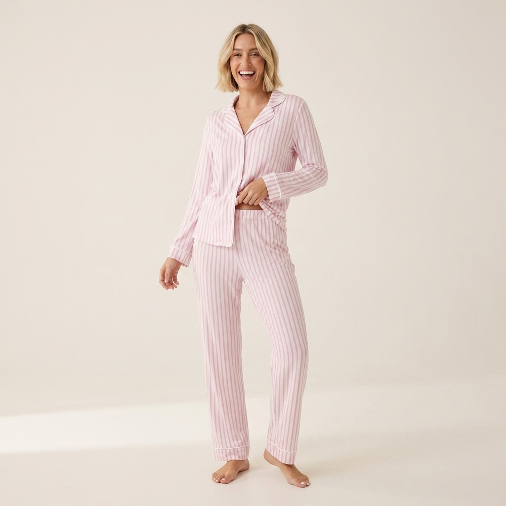 A woman modeling a two-piece pink and white vertically striped pajama set, consisting of a long-sleeve button-up shirt and matching pants, against a plain beige studio background. Available in Pink Pinstripe XS, Pink Pinstripe S, Pink Pinstripe M, Pink Pinstripe L