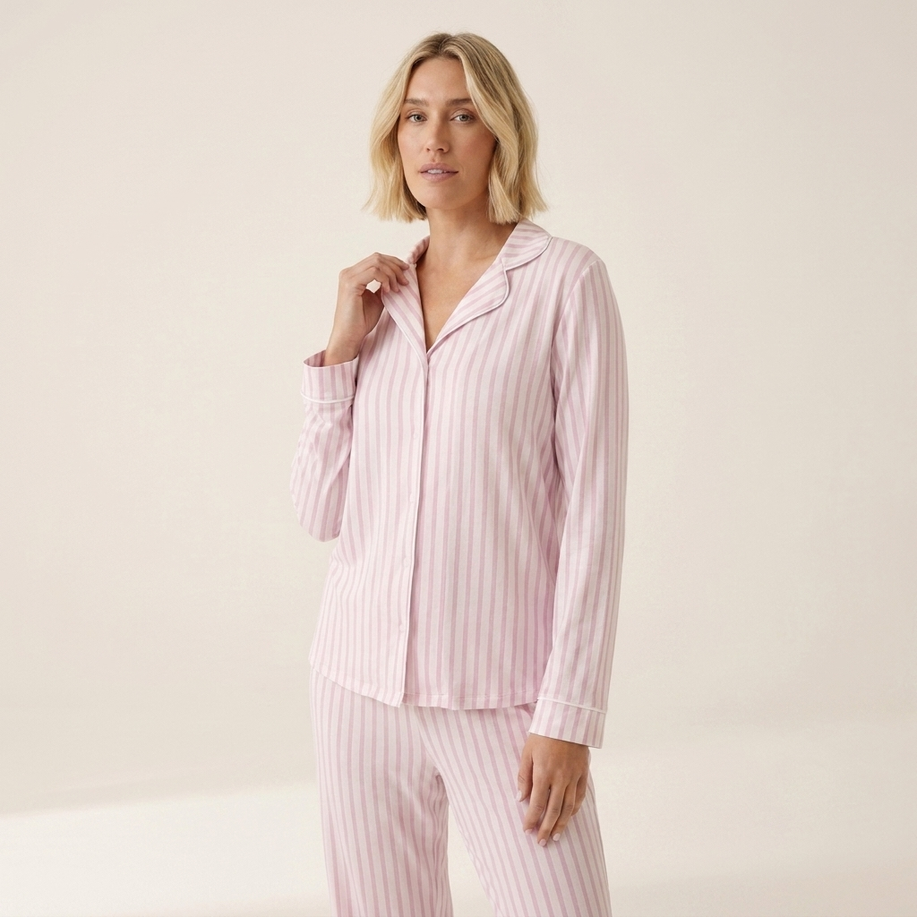 A woman modeling a two-piece pajama set with light pink and white vertical stripes, consisting of a long-sleeve button-up top and matching pants, against a plain cream studio background. Available in Pink Pinstripe XS, Pink Pinstripe S, Pink Pinstripe M, Pink Pinstripe L