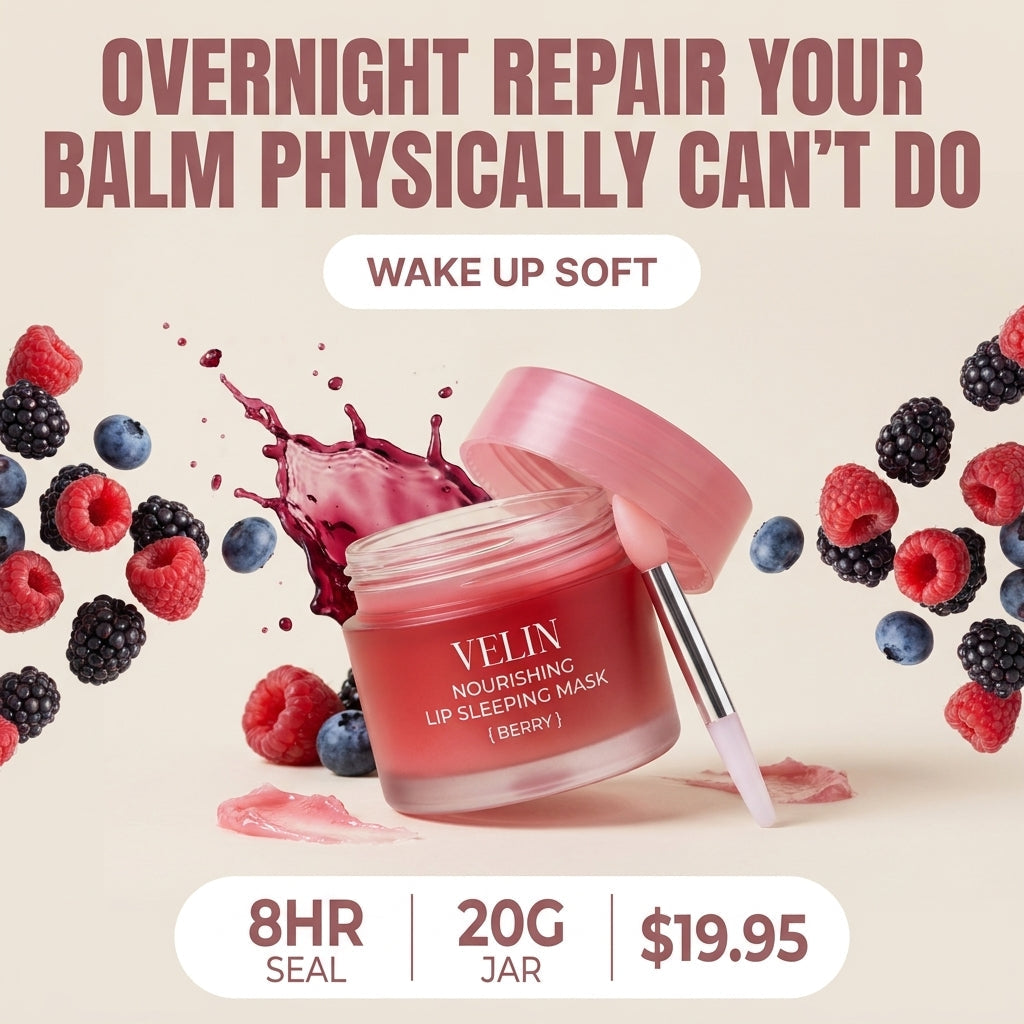 VELIN Nourishing Lip Sleeping Mask in Berry: overnight repair graphic with the berry-red jar and pink applicator wand
